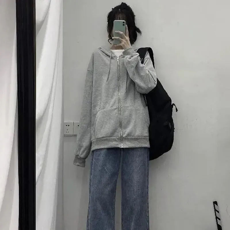 Autumn Womens Zipper Hoodie High Street Double Pockets Sweatshirts Outerwear Top Woman Grey Oversize Loose Hoodies Ladies 240806