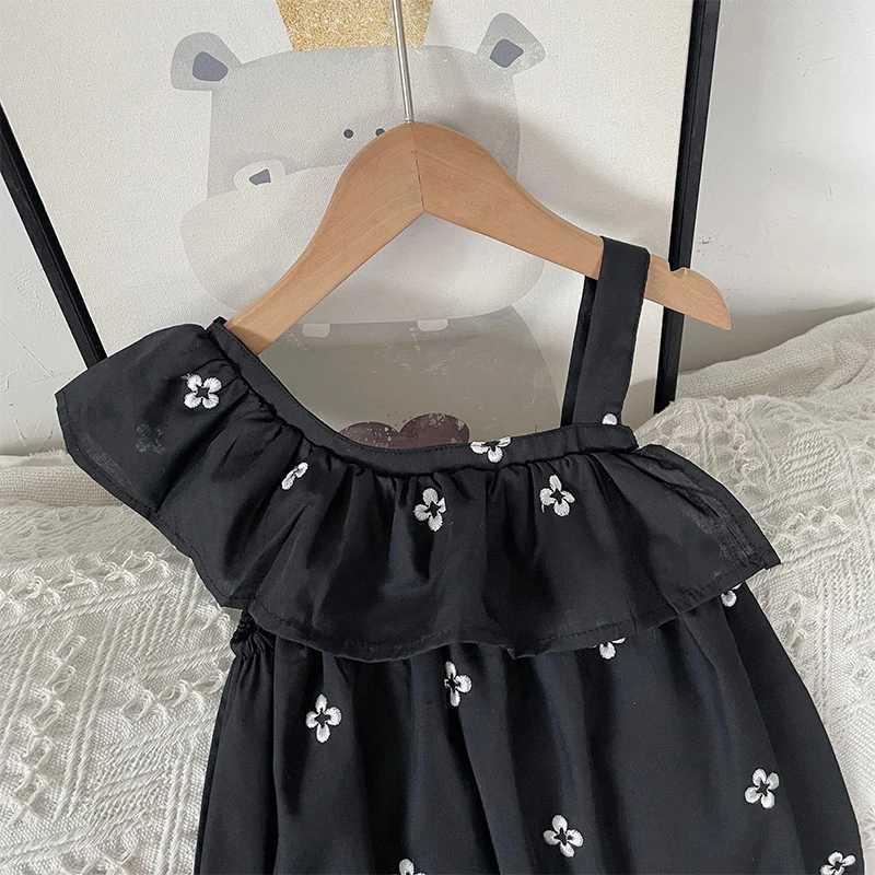 Summer one-piece sleeveless floral midi dress black cotton beach clothing for girls 2023 fashionable and elegant for women 2 to 8 yearsW240720
