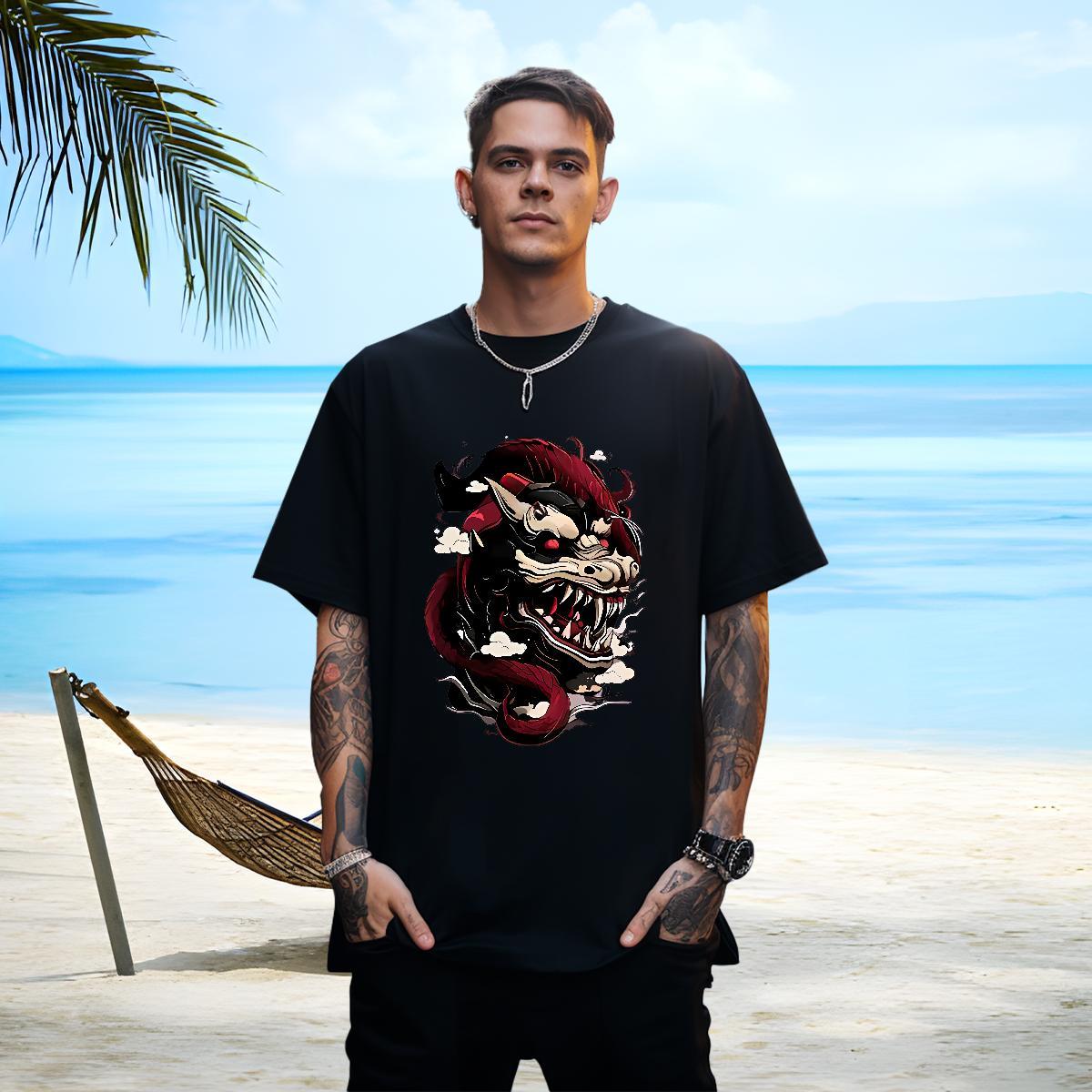 TOP Quality Men Tops Tees 230g Pure Cotton dinosaur T-Shirts for Men Sport Crew Neck Breathable Floral Print 2024 Designer Wear