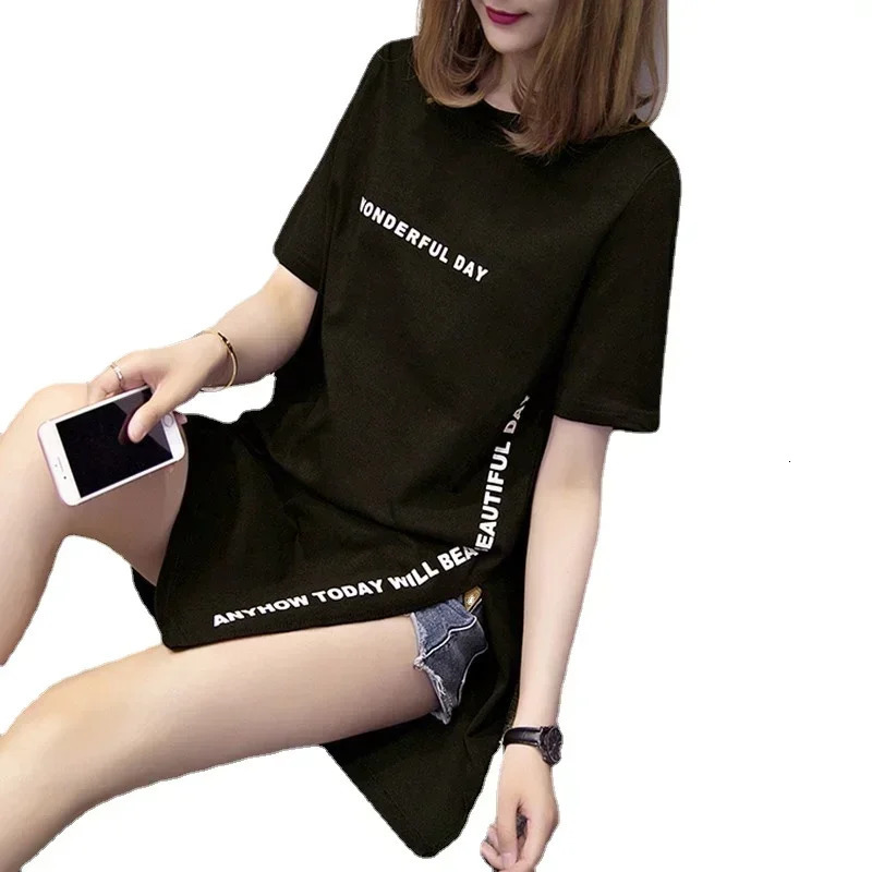 Women T-shirts Anime Y2k T Shirts Gothic tops Summer Loose Slit Femme Cotton T shirt Print Long Short Sleeve Ladies T-shirt 240806