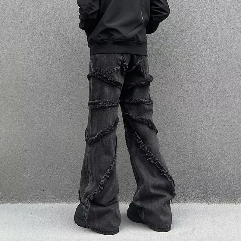 HOUZHOU Y2K Punk Black American Street Rock Retro High Waist Oversized Jeans Men Raw Edge Washed Darkwear Wide Leg Trousers 240806