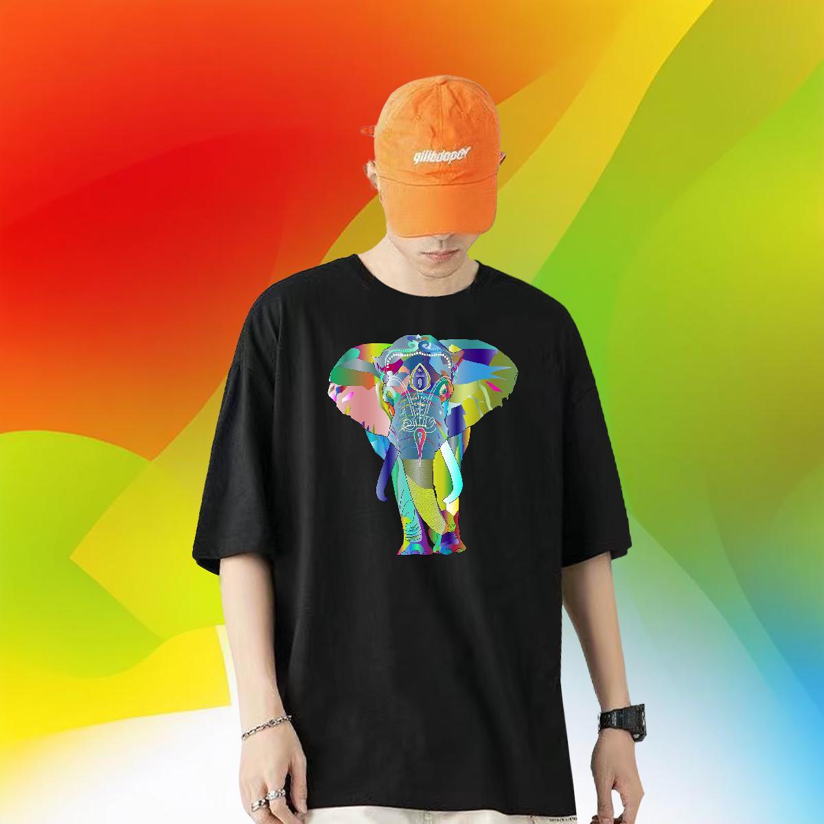 DIY Men T Shirts 230g Cotton Elephant Street Wear Tees Shirts Breathable Loose Men Clothes T-Shirt Floral Print