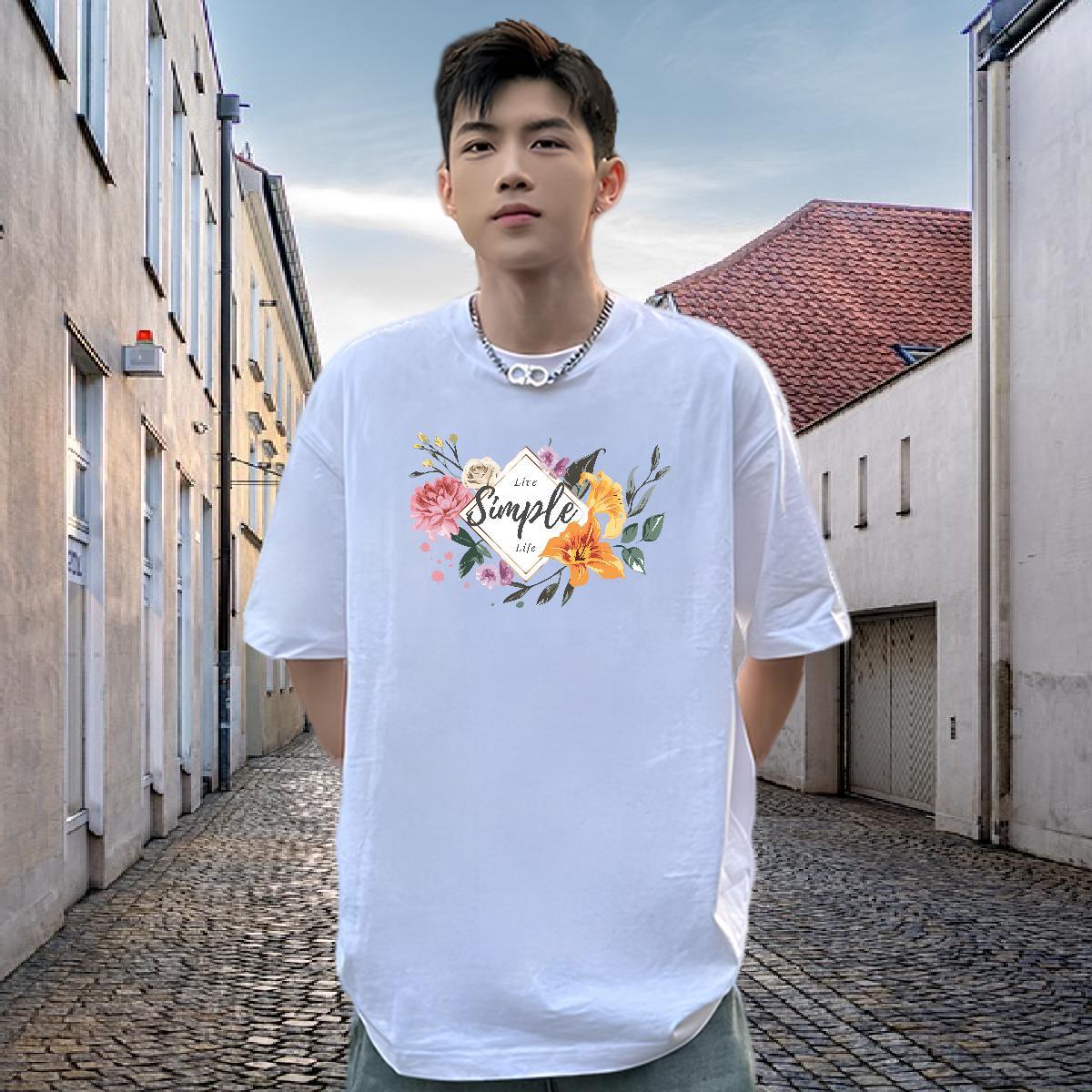 Fashion Man T Shirts 230g Cotton flower Street Casual Tops Shirt Breathable Short Sleeve Loose Fit Men Tops Tees Anime