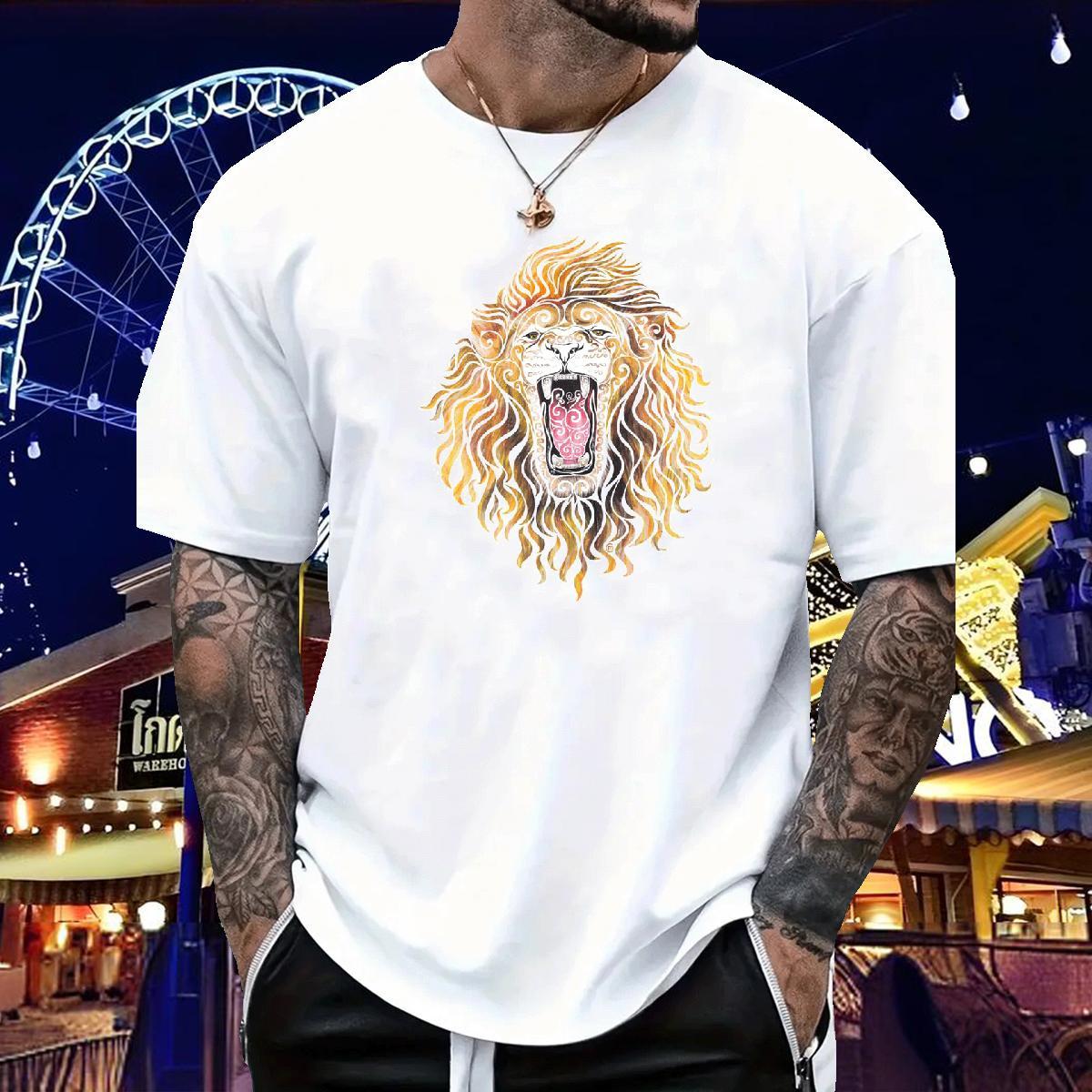 Brand Man T Shirts 230g Cotton lion Summer Casual Wear Round Neck Short Sleeve Cool Tshirts DIY Anime