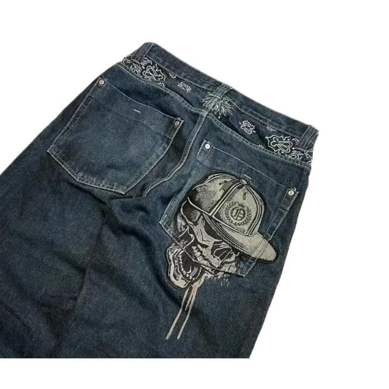 2025 Designer Embroidered Skeleton Jeans Men's Y2K Washed Hip Hop Wide Leg Pants Gothic High Waist Straight Leg Cowboy Pants Street Casual Wear C