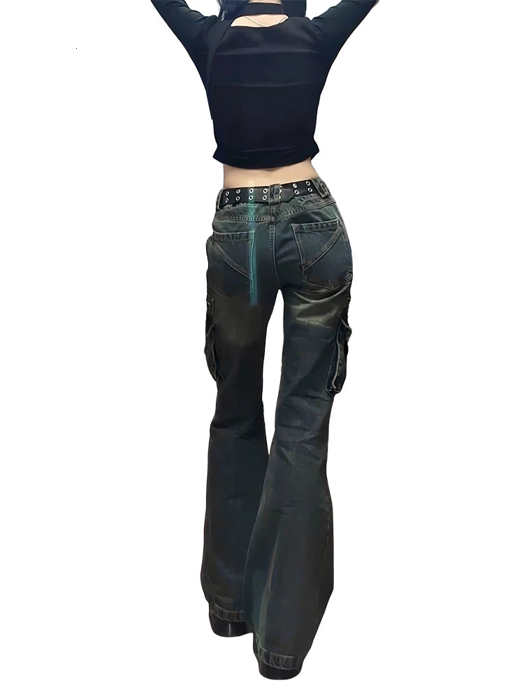 Women Blue Cargo Jeans Harajuku Y2k Japanese 2000s Style Baggy Denim Trousers Aesthetic Vintage Trashy Oversize Jean Pants 240806