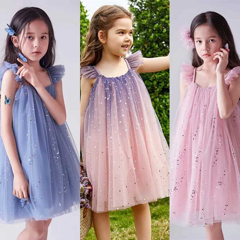 Suspends sequins New Dress for Girl 2024 Summer Sleeveless Tulle Princess Dress 3 6 8 Yrs childrens vacation casual dressW240720