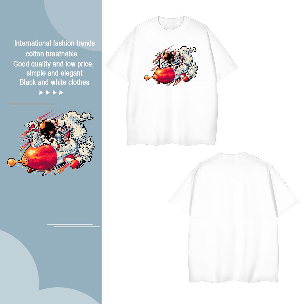 T Shirts Men 230g 100% Cotton cosmonaut Sports Casual Pure Cotton Black White Mens Tshirts Designer High Quality Tops Shirt