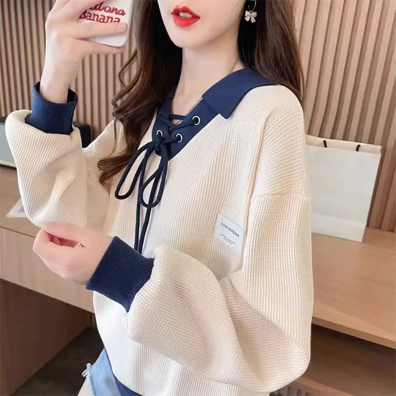 Spring Summer Contrast Lacing Loose T Shirts Polo Neck Long Sleeve Patchwork Trend Tops Tees Casual Fashion Women Clothing 240806