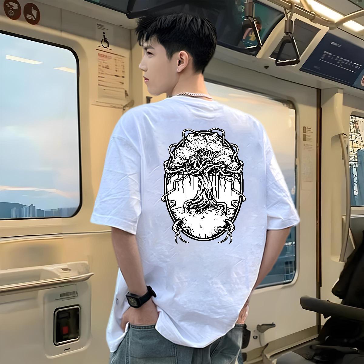 Classic Mens T Shirts 230g Pure Cotton tree Street wear Hip Hop Tops Tees Short Sleeve Soft Cool Design Men Tshirts Black Oversized