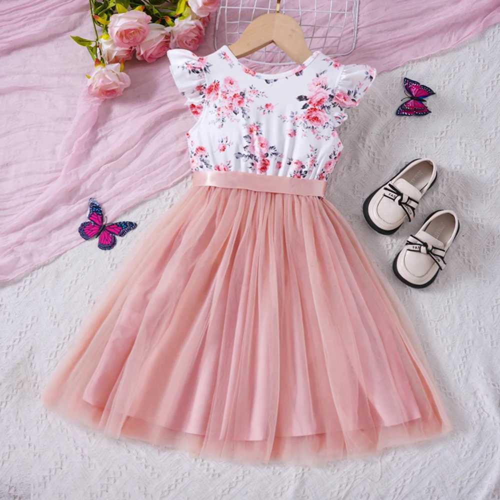 Summer New Cute Flying Sleeve Romantic Flower Net Princess Dress Suitable for Middle School Children and GirlsW240720