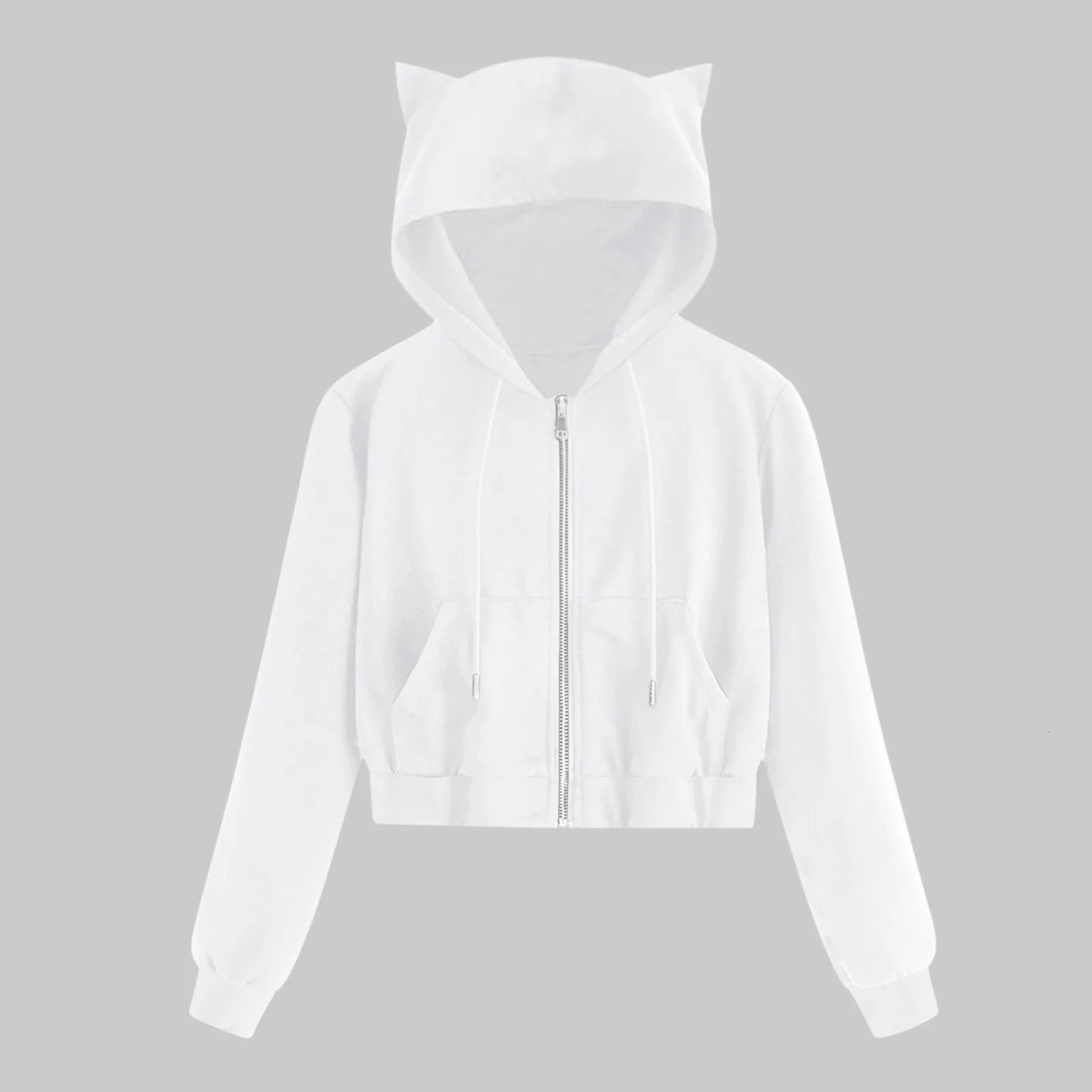 Harajuku Zip Up Cropped Hoodies Tracksuit Sweatshirts For Teen Girls Kawaii Cat Ear Jackets Pocket Drawstring Hoody Sudaderas 240806