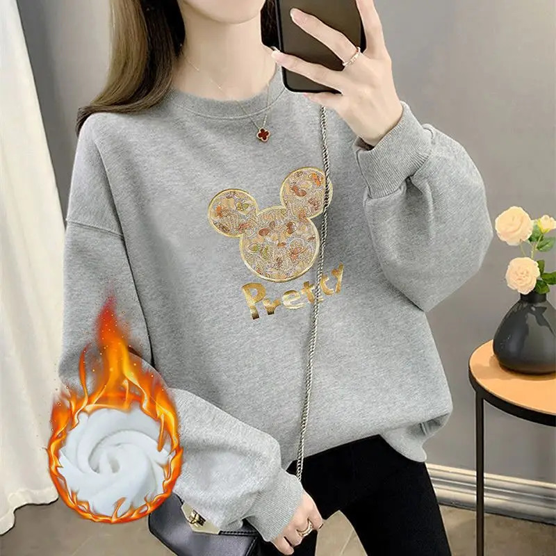 Autumn and Winter Womens Crew Neck Long Sleeves Printing Loose Pullovers Korean Hoodies Fashion Classic Casual All Match Tops 240806