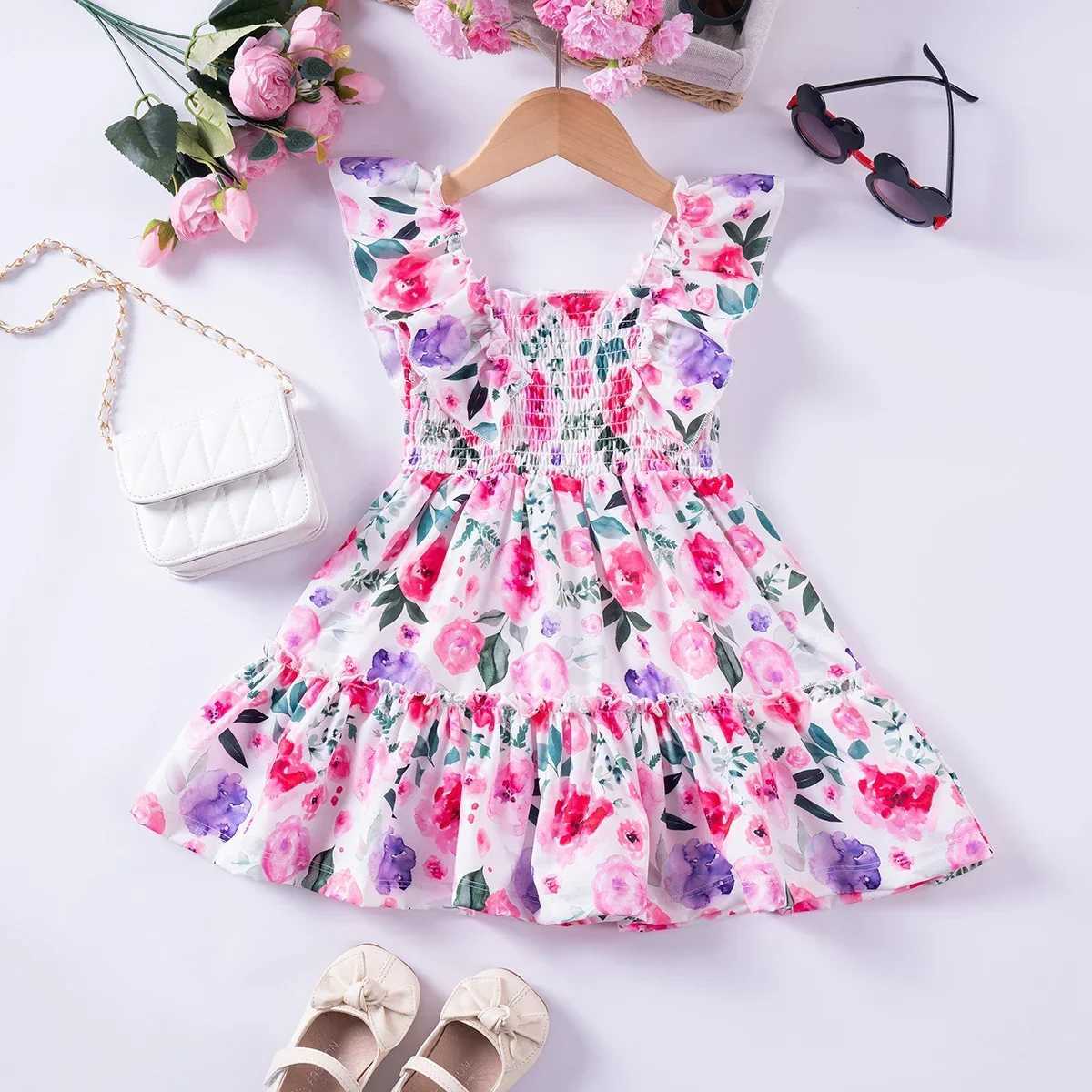 Summer girls printed princess dress sleeveless fashion Peplum square neckline dress for girls and childrenW240720
