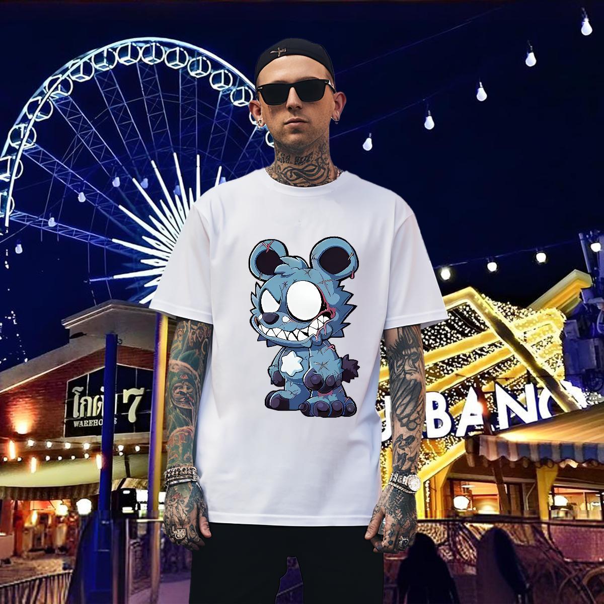 T Shirts Men 230g Pure Cotton bear Casual Breathable Short Sleeve Anime Men Tees Custom Loose Clothings