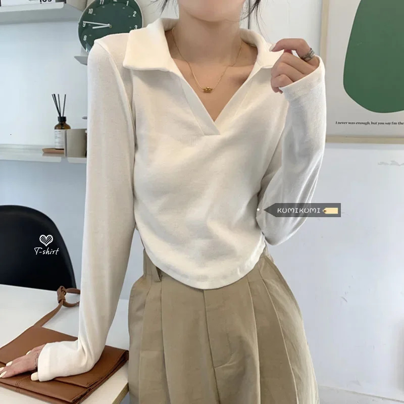 Versatileslims Smooths Your Silhouette Polo Collar Base Layer Top Autumn Solid Color Cropped Irregular Long Sleeve T-shirt Women 240806