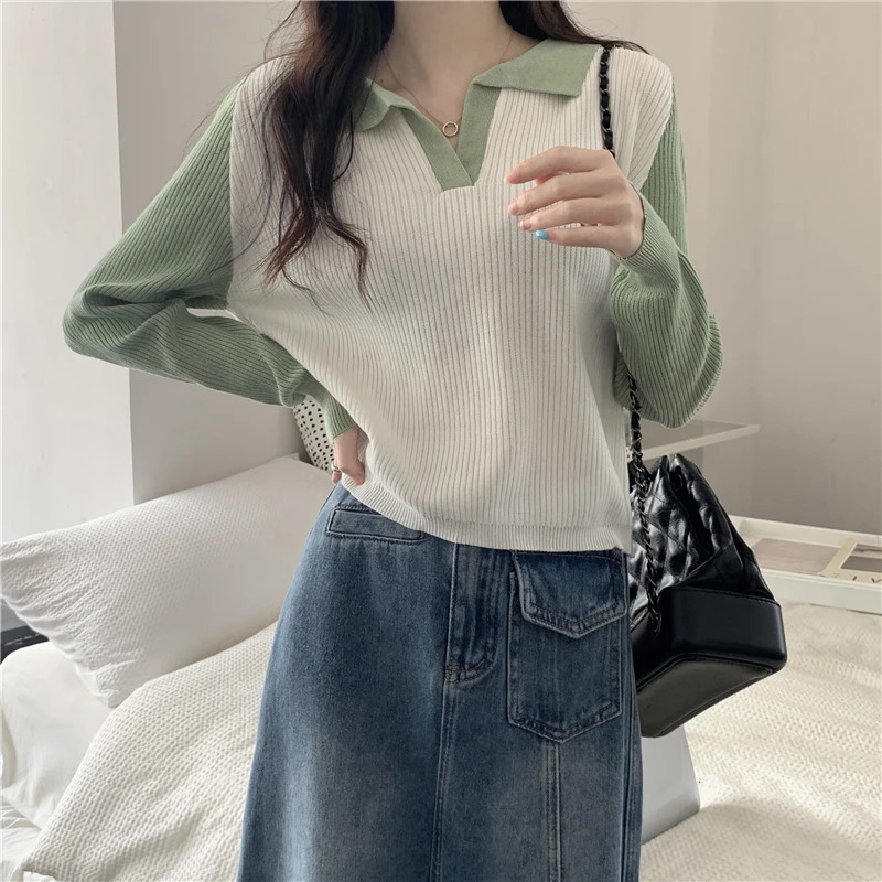 Womens Autumn Colorful Lock Polo Collar Long Sleeve Knitted Womens Top T-shirt Y2k Top 240827