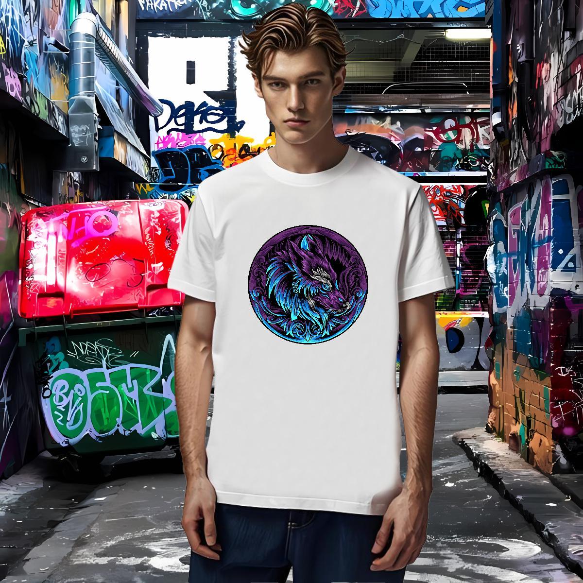Fashion T-Shirts for Men 230g Cotton wolf Anime Printing Street Tees Shirts Short Sleeve O-Neck TOP Quality Couples T Shirts Floral Print