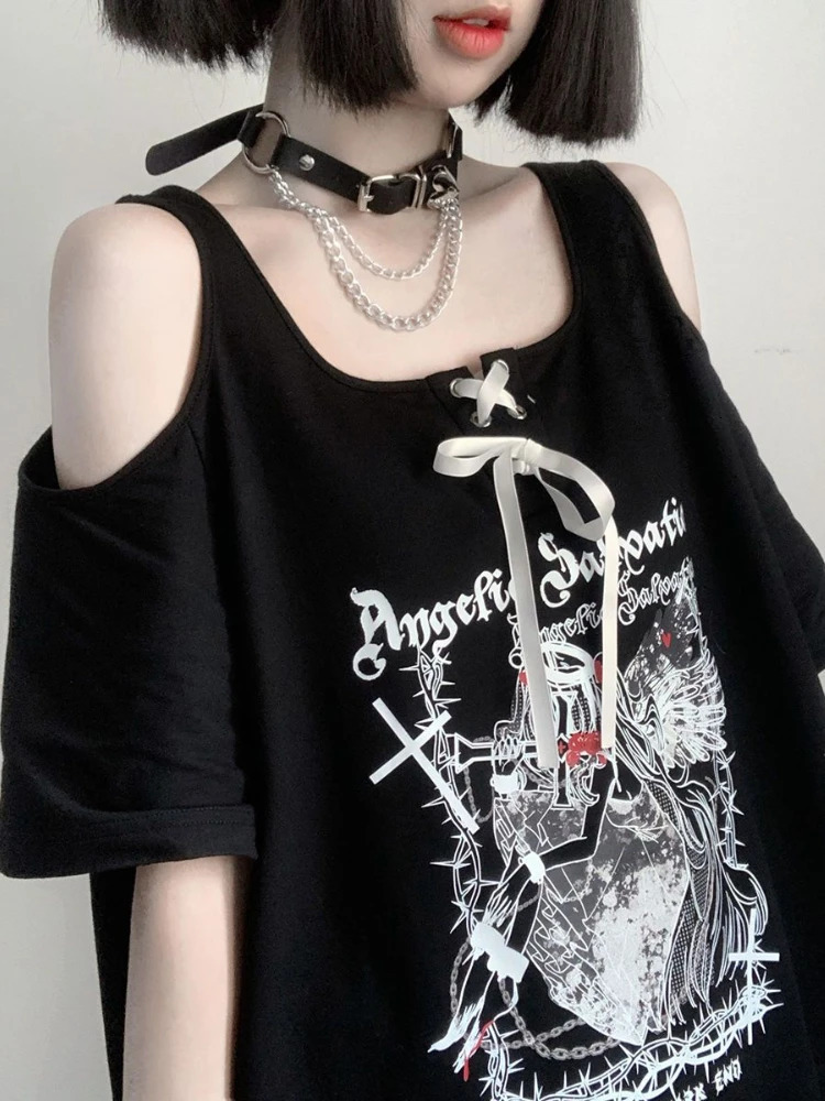 Strapless O-neck white angel T-shirt with letter print lace short sleeved T-shirt for women loose casual long T-shirt Y2k 240826