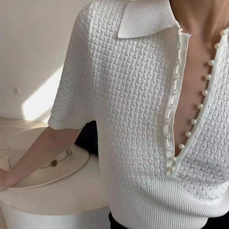 Summer Korean Version White All-match Knit T-shirt Women Fashion Turn-down Collar Short Sleeve Y2k Top Casual Chic Pullovers 240806