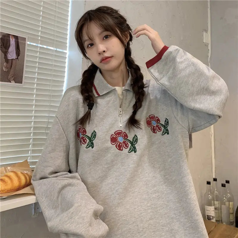 Polo collar long-sleeved sweatshirt for women autumn thin Korean style loose and versatile top ins trendy students y2k 240806