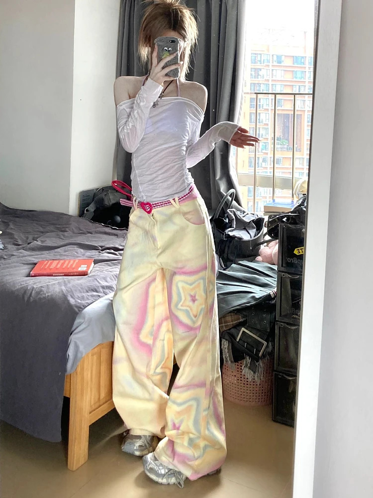 Women Harajuku Fashion Jeans Baggy Star Graffiti Denim Pants Cyber Punk Hip-pop Tie Dye Goth Y2k Streetwear Japanese Streetwear 240806