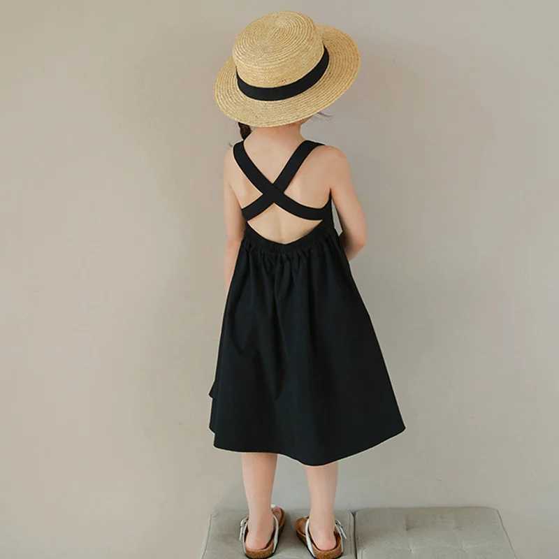 Summer Preschool Girls Dress Cotton Sweet Cold Wind Cross Backless Party Princess Dress 3-8 Years Black Pink Baby Girls DressW240720