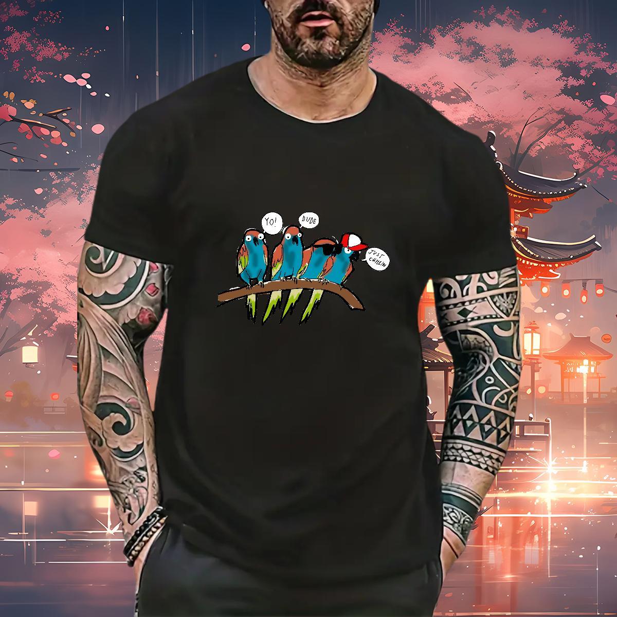 Designer Fashion T-Shirts 100% Cotton 230g bird Daily Wear Tops Tees Breathable Classic Men Tees Plus Size Cartoon
