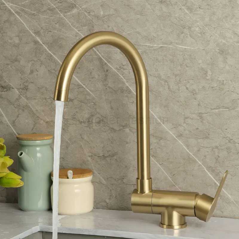 Brushed Gold Inner Window Free Folding Kitchen Faucet 360 Degree Rotate Foldable TapXJ240806
