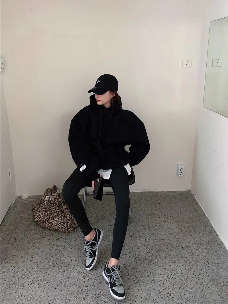 Autumn Black Women Clothing Vintage Street Sweatshirt Y2K Stripe Letter Printing Pullover Long Sleeves Warm Oversize Ladies Tops 240806