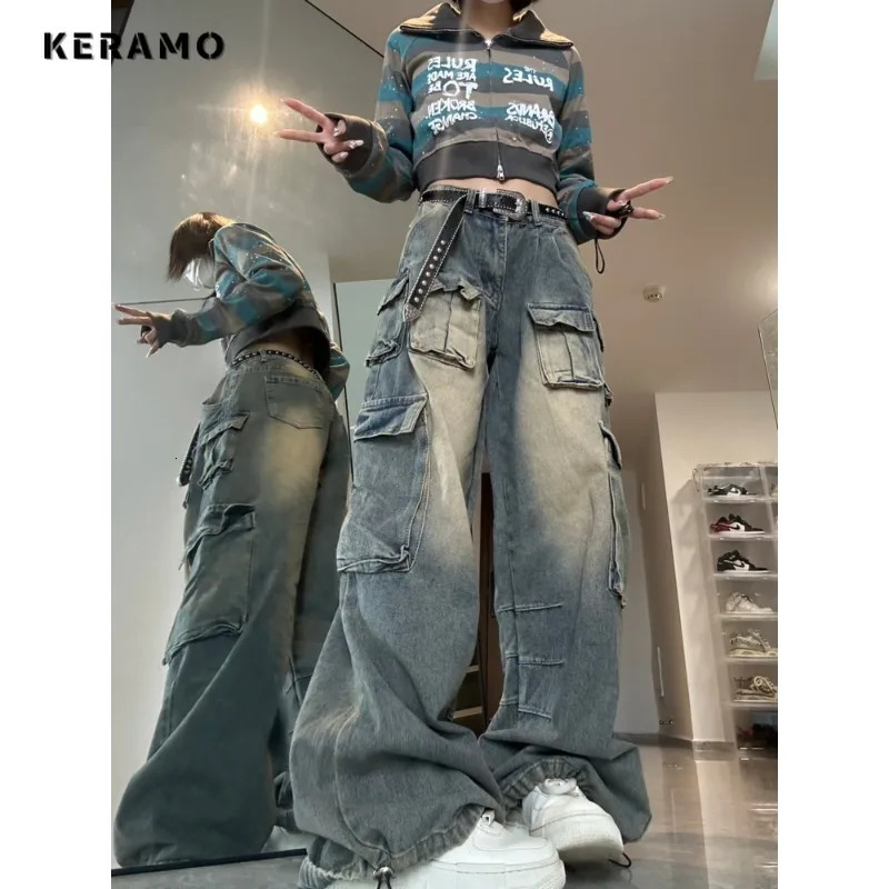 Womens Harajuku Vintage StyleHigh Waist Loose Jeans Autumn Winter Y2K Pants Wide Leg Baggy Streetwear Denim Trouser 240806