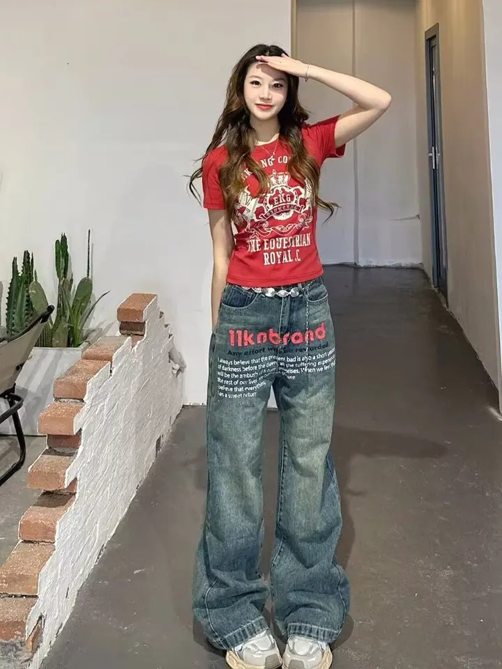 Fashion printed letters high waist jeans womens Y2K street hip-hop retro loose all-match button straight wide-leg pants men 240806