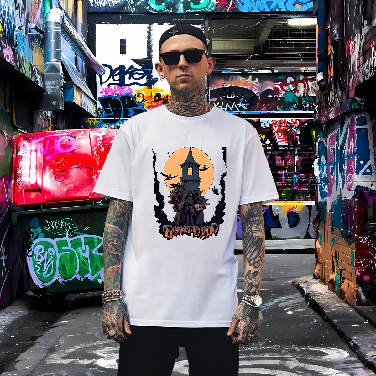 T shirt 230g 100% Cotton Tower Street Casual Short Sleeve O-Neck Custom Cartoon Men Tees Fashion Designer Cool Clothes