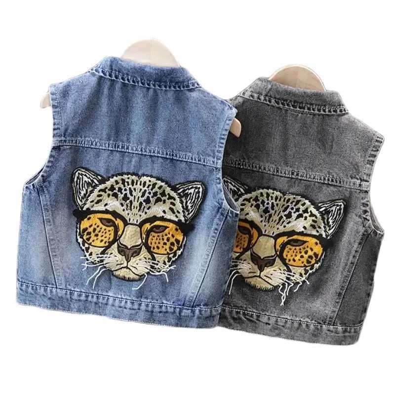 Boys and Girls Fashion Glasses Leopard Head Printed Collar Cowboy Tank Top Spring and Autumn Edition Display Tank TopW240724