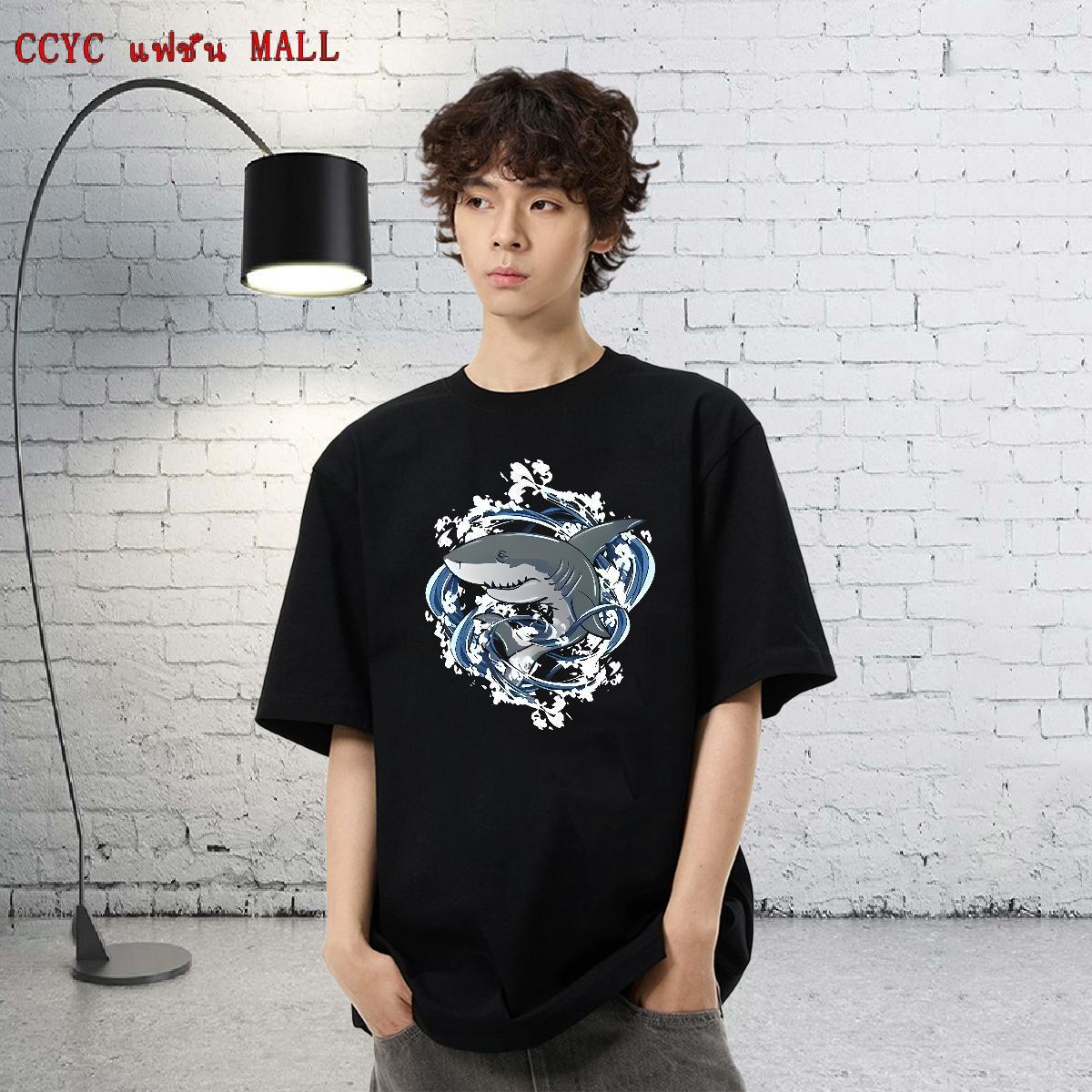 Classic Mens Tshirts 230g Cotton Street shark Custom Anime Short Sleeve O-Neck Brand T-Shirts for Men Clothes