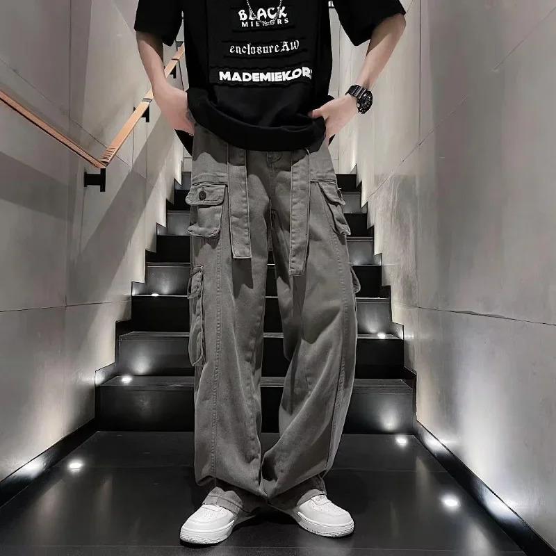 Trousers Man Wide Multi Pocket Cargo Pants For Men Grey Straight Multipockets Large Size With Comfortable Aesthetic Emo Cotton 240806