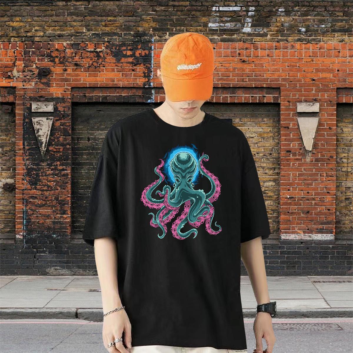 2024 New Men T Shirts 230g Cotton octopus Home Outdoor Clothings Crew Neck Breathable Wholesale Men Tops Tees DIY Anime