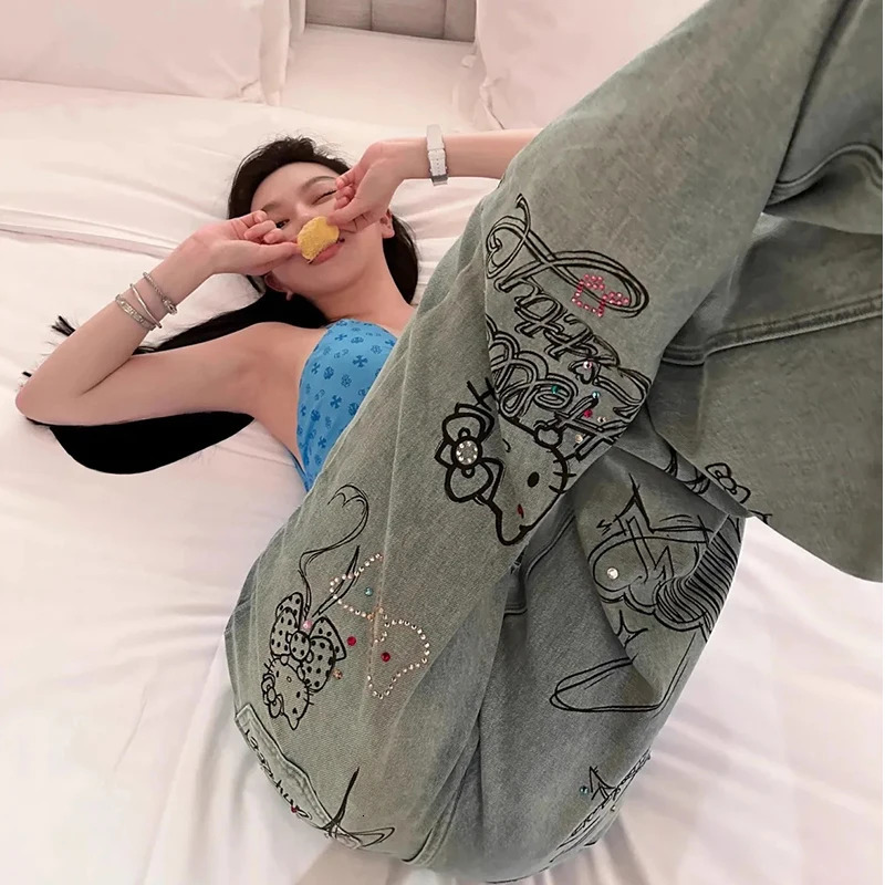 Y2K Kawaii Drill Jeans Straight Pants Female Girl American Retro Graffiti Harajuku High Waist Denim Trourse Woman 240806