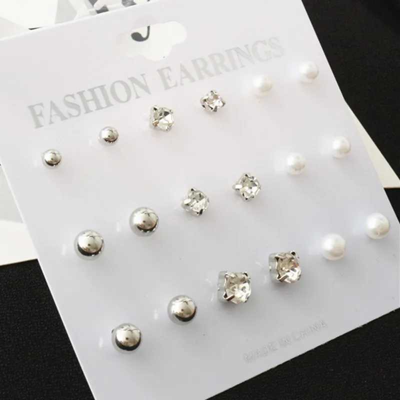 Fashion 9-piece/Set Round Square Crystal Gold Stud Earrings Simulated Pearl Ball Silver Womens Jewelry Earrings Set W241023
