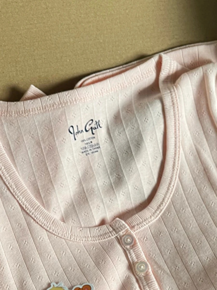 Hollow Out Pink Long Sleeve T-Shirt Summer Round Neck Buttons Cotton Slim Sexy Top for Woman Vintage Sweet Cute y2k Tops Chic 240806