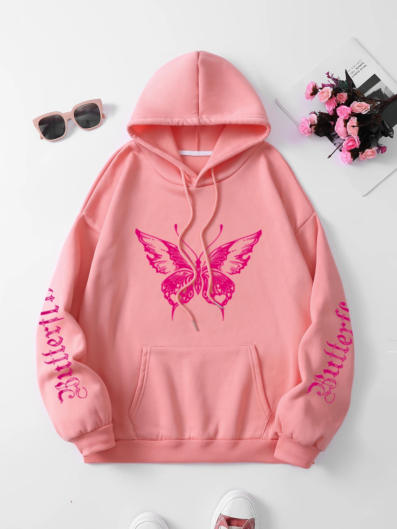 Butterfly Letter Print Drawstring Hoodie Casual Long Sleeve Kangaroo Pocket Hoodie Sweatshirt Womens Clothing 240806