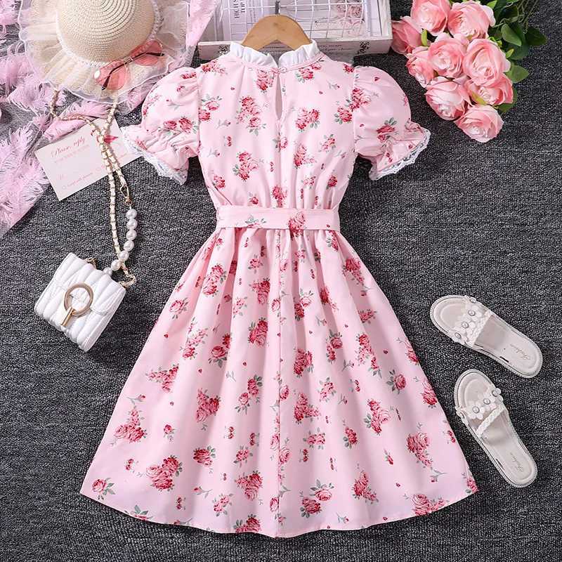 Girls Summer Dress New Retro Pink Cute Flower Retro Printed Lace Princess Girls Dress Fashion 8-12 Year Old Childrens Daily Casual ClothingW240720