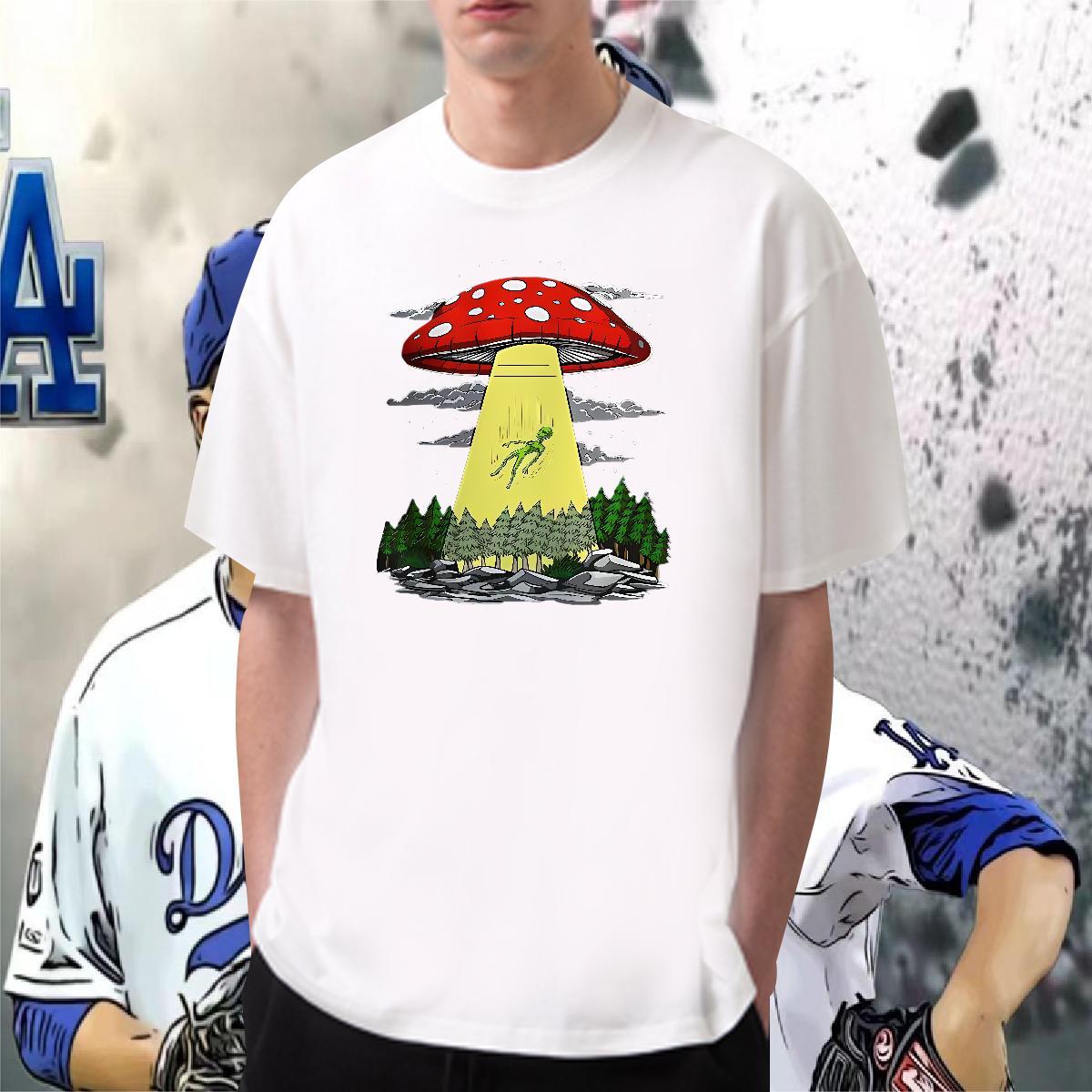 Man T Shirts 230g 100% Cotton mushroom Casual Beach Breathable Short Sleeve Plus Size Cartoon Mens Tshirts 2024 Soft Clothings