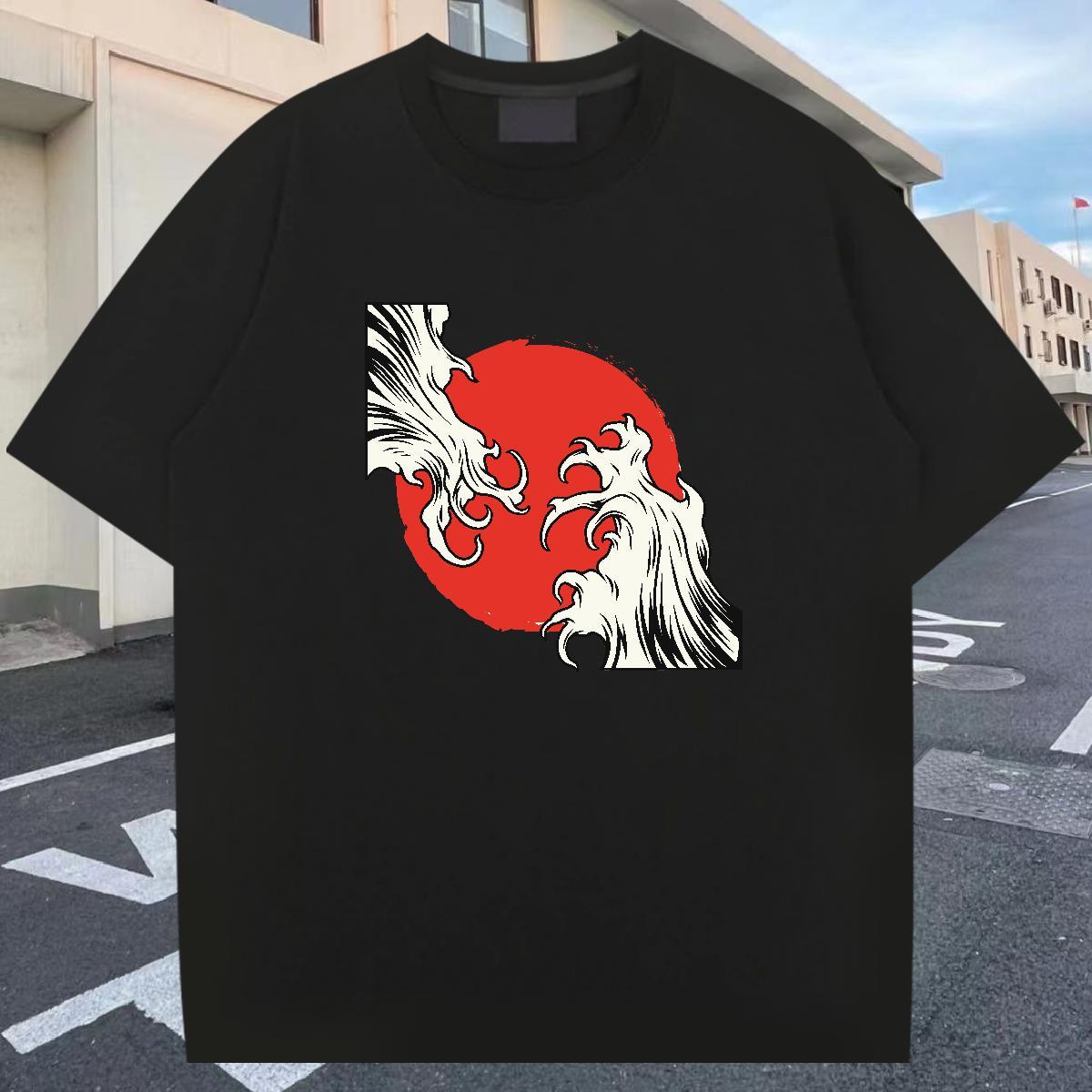 Fashion Casual T-Shirts for Men sea wave Tops Tees 230g 100% Cotton Street Wear Comfortable White Plus Size O-Neck Short Sleeve Tshirt for Man Woman