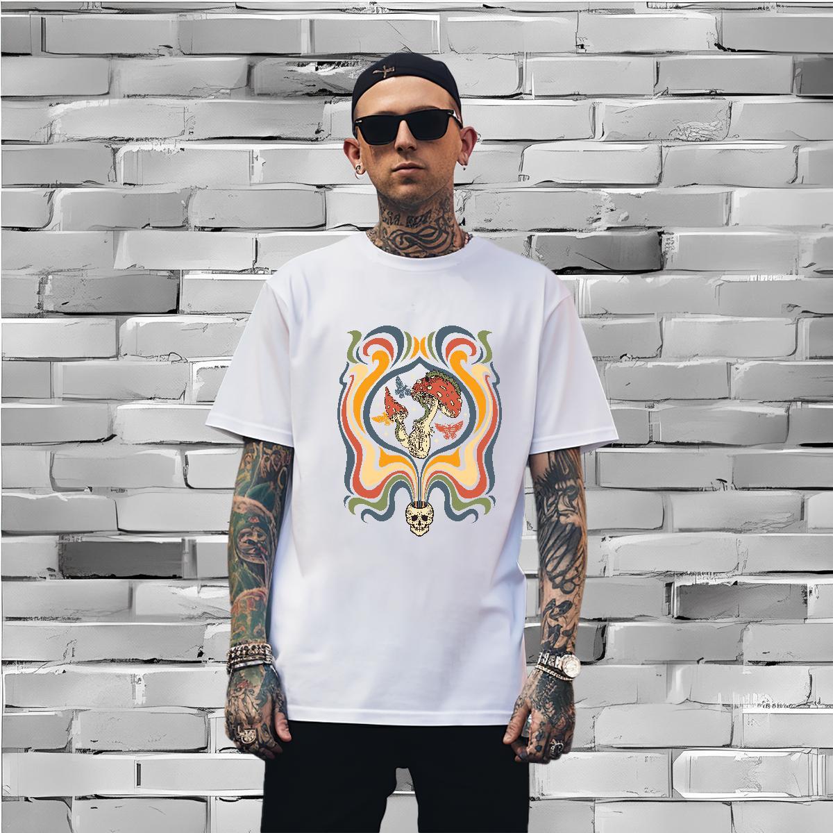 T-Shirts for Men 230g Pure Cotton mushroom Home Outdoor O Neck Short Sleeves Oversized 4XL Men Tshirts New Arrival Unisex Top Tees