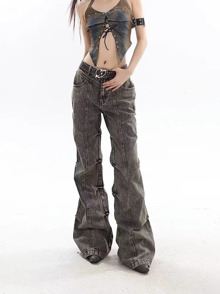 Womens Brown Flare Jeans Baggy Vintage 90 Aesthetic Cowboy Pants Harajuku Oversize Denim Trousers Y2k 2000s Trashy Clothes 240806
