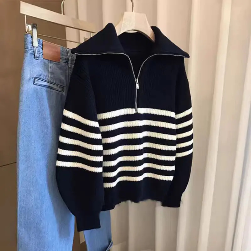 HELIAR Women Striped Loose Knit Sweater Casual Long Sleeve Zipper Polo Collar Sweaters Thickened Warm Pullovers Autumn Winter 240806