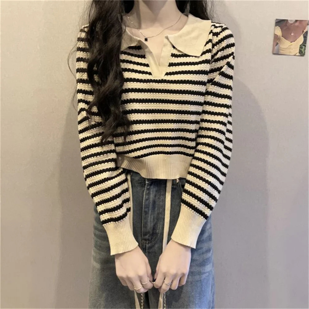 Autumn sweater knitted polo T-shirt womens loose casual polo collar long sleeved bottom striped top womens clothing y2k 240827