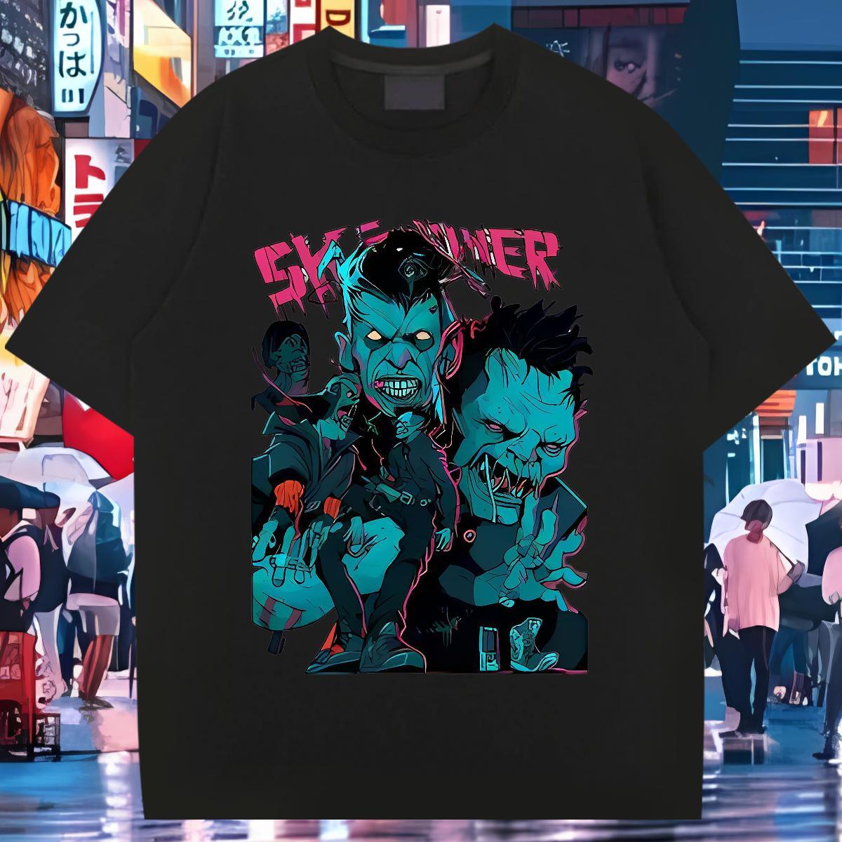 Mens T Shirts 230g Cotton Terror Street Wear O Neck Short Sleeves Cartoon Print Tshirt for Man Woman Classic Casual TOP Quality Tees Shirts