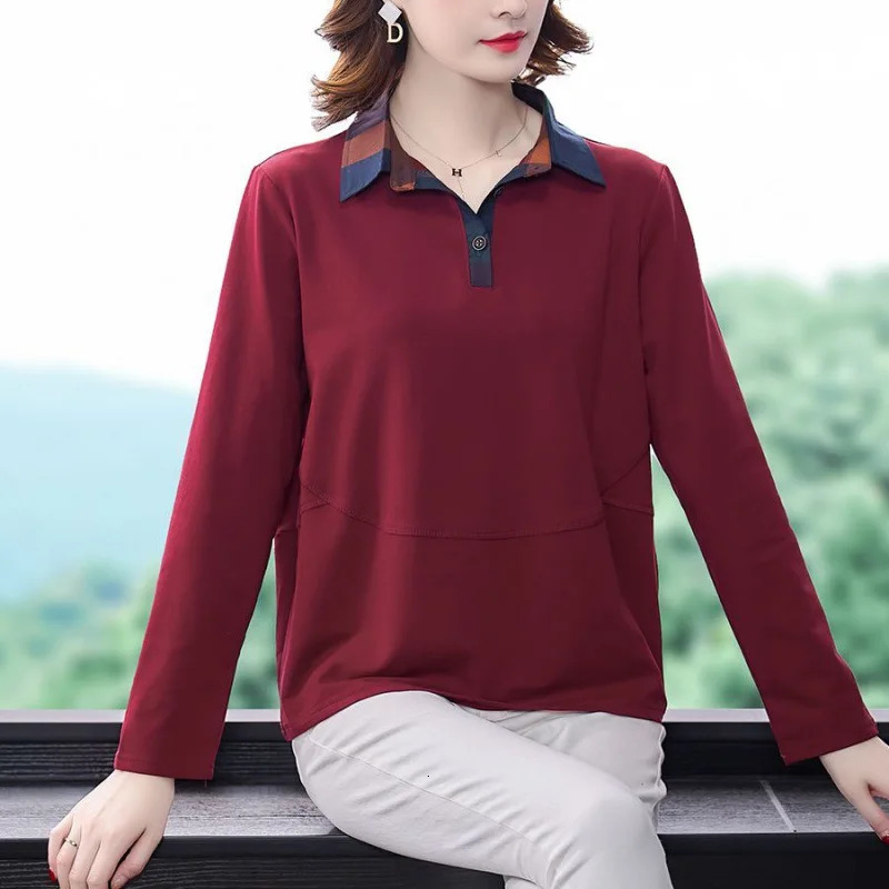 Spring and Autumn Womens Polo Collar Solid Button Panel Plaid Contrast Long Sleeve T-shirt Underlay Fashion Casual Loose Tops 240806